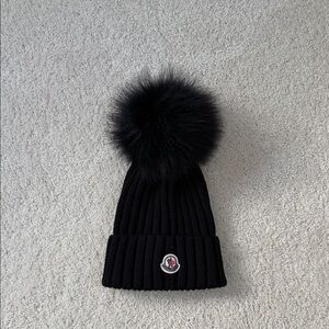 Moncler Black Ribbed Beanie with Pom Pom